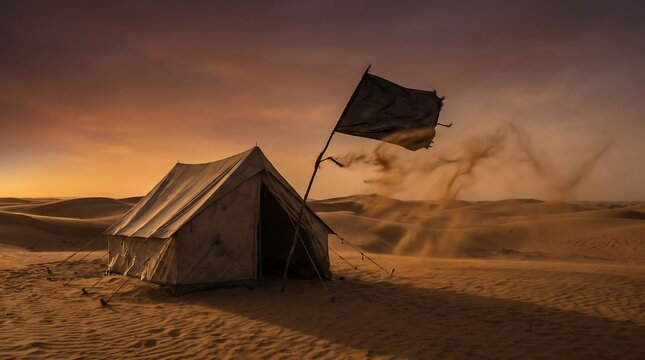 Lonely tent in the Karbala desert at sunset, golden sky, blowing sand, black flag, emotional atmosphere, cinematic lighting, ultra detailed.