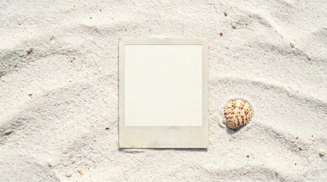 Blank Vintage Photo Frame on Sandy Beach with Seashell