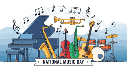 Colorful musical instruments celebrate National Music Day © Gani