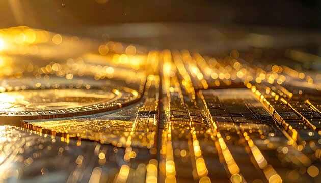 Golden coins on textured metal surface.
