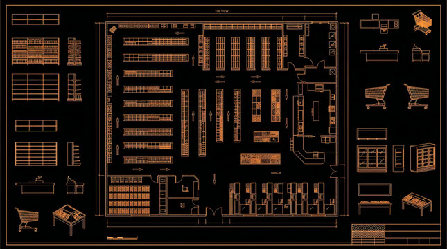 Top View Grocery Store CAD Blocks Vector Set with Shelves Carts Checkout Counters Refrigerators Technical AutoCAD Blueprint