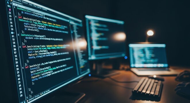 Software Developer Workspace with Multiple Monitors Displaying Programming Code in a Dark Room for Tech Concept