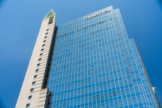 Toronto Canada - May 26 2026: Celestica Headquarters Modern Glass Skyscraper Against Clear Blue Sky