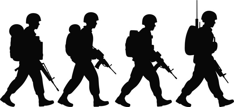 Military soldier silhouette collection vector, armed infantry patrol icons isolated for defense security and tactical illustration