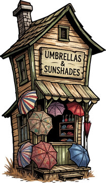 Vintage Old West Umbrella and Sunshade Shop, Colorful Frontier Store Building Illustration