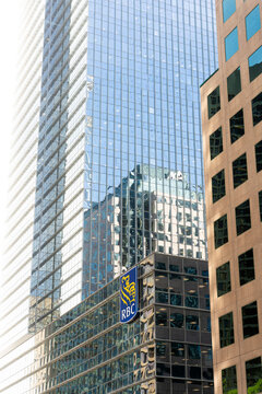 Toronto, Canada - May 26, 2026: Modern glass skyscrapers with RBC logo in downtown financial district