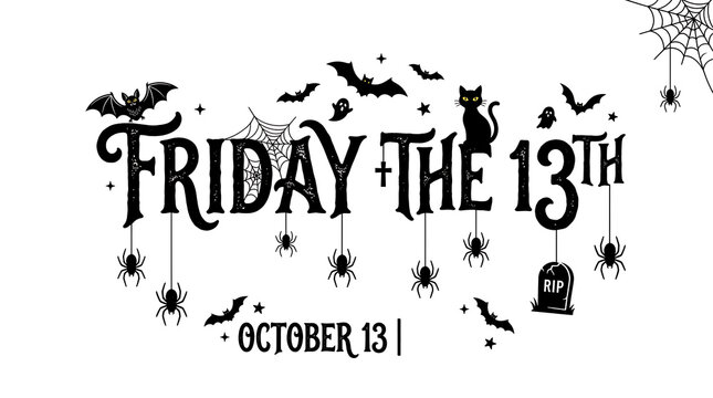 Friday the 13th halloween horror illustration with spiders and bats, thirteenth