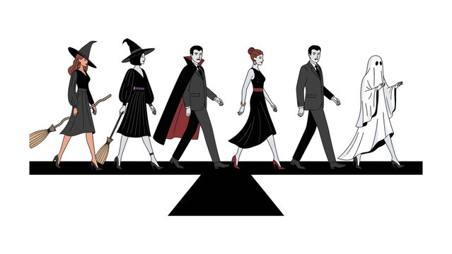 Halloween Characters Crossing: A whimsical procession of iconic Halloween characters, including witches, vampires, and a ghost, stride purposefully across a stylized crosswalk.
