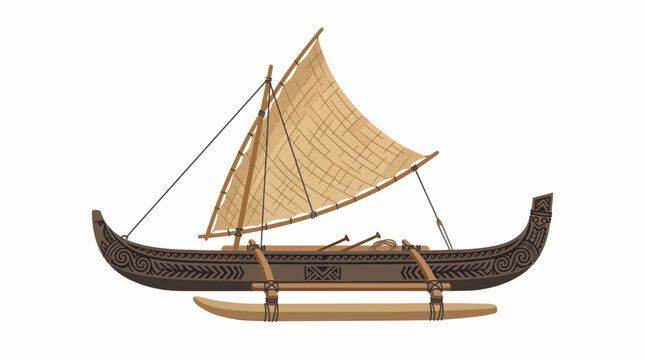 Traditional Polynesian Outrigger Canoe with Sail - Vector Illustration