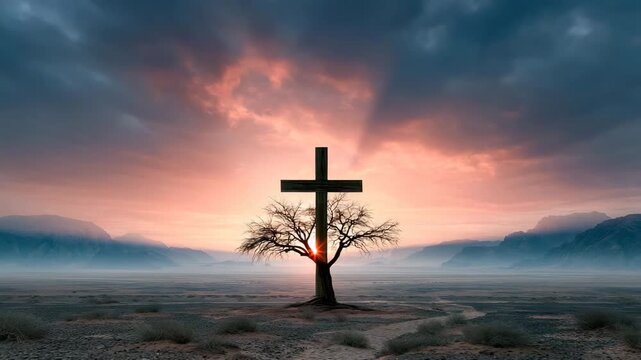 Lone wooden cross and bare tree in a desert sunrise