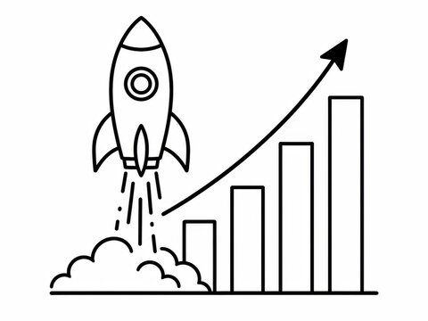 Rocket ship launching up with a rising financial growth bar chart graph icon