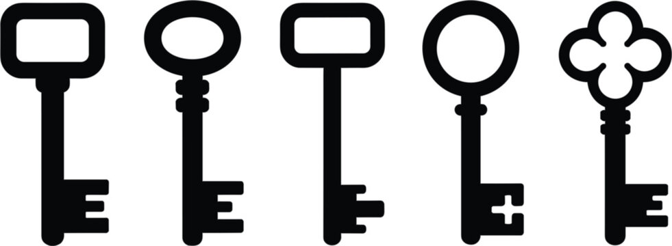 Vintage key collection vector illustration, antique skeleton lock keys isolated icon set for security and decoration