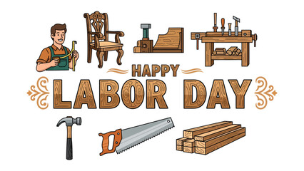 Fototapeta premium Happy Labor Day Celebration: A vibrant illustration commemorating Labor Day, showcasing a woodworker, classic armchair, woodworking tools, lumber, and hand tools.