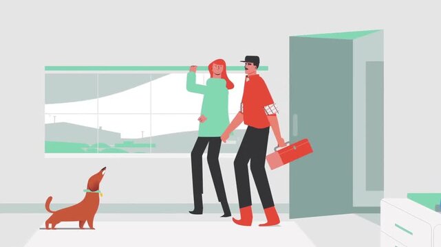 Professional Repairman or Courier Arriving at Client House with Dog Greeting Animation