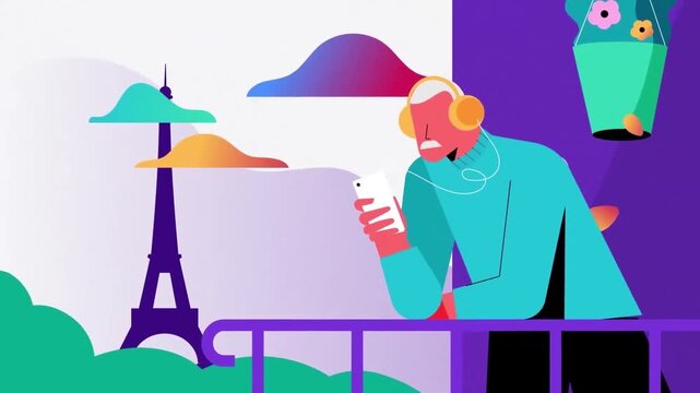 Digital Nomad with Headphones Using Smartphone on Balcony with Paris View Animation