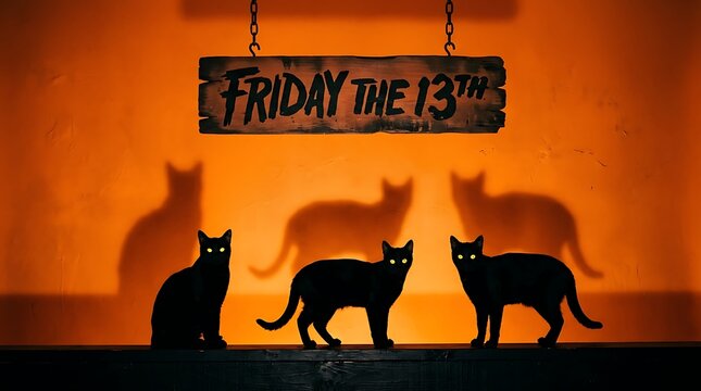 Friday the 13th concept featuring black cats and their shadows, thirteen