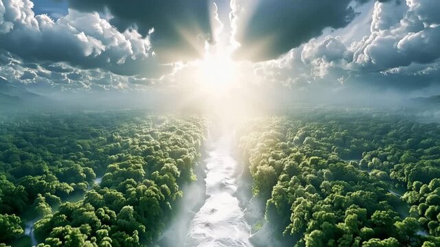 Aerial of small streams merging into one shining river