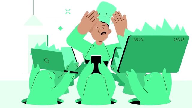 Stressed Employee Overwhelmed by Multi Screen Multitasking Data Overload Animation