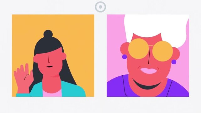 Split Screen Video Call Interface with Two Diverse Colorful Female Avatars Animation