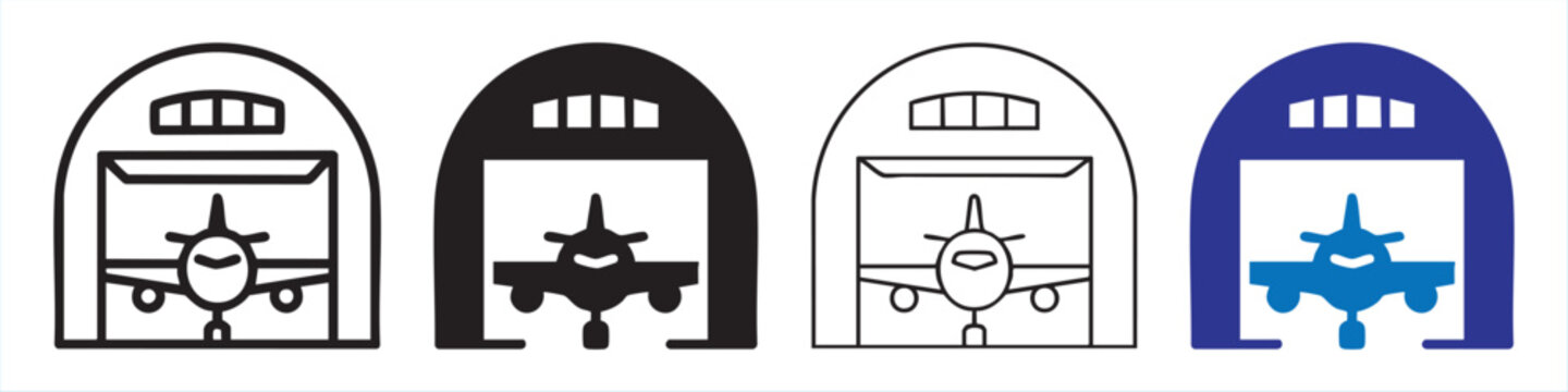 Aviation hangar vector icons set featuring front view of plane in storage with different line weights.