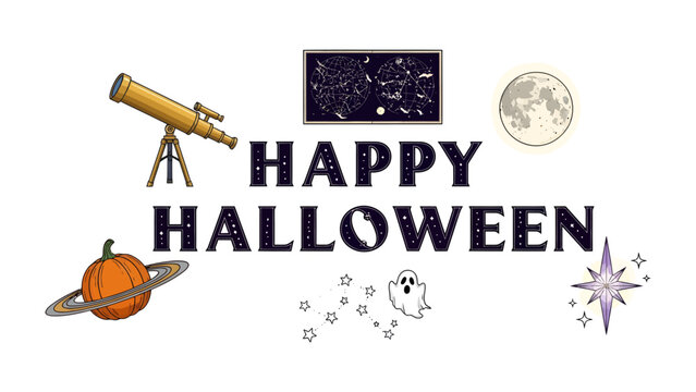 Happy Halloween Cosmic Celebration: A whimsical collection of Halloween elements - a pumpkin, a ghost, a star, and celestial maps, alongside a telescope and a full moon.