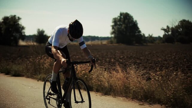 Cyclist Executing High Speed Training Workout Riding Road Bicycle On Countryside Highway. Sportsman Cycling Fast Race Preparation