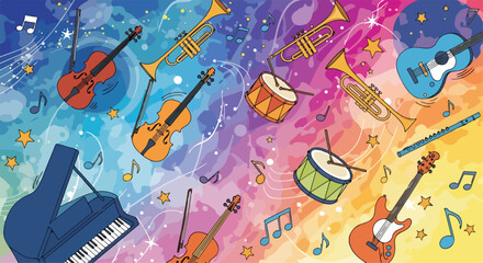 Colorful musical instruments on a vibrant background © Gani