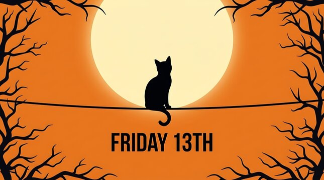 Black cat sitting on wire under full moon for friday the 13th with silhouette
