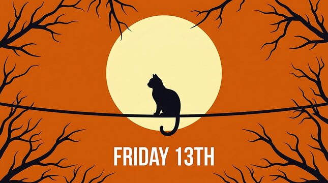 Black cat silhouette on wire against full moon friday the 13th with silhouette