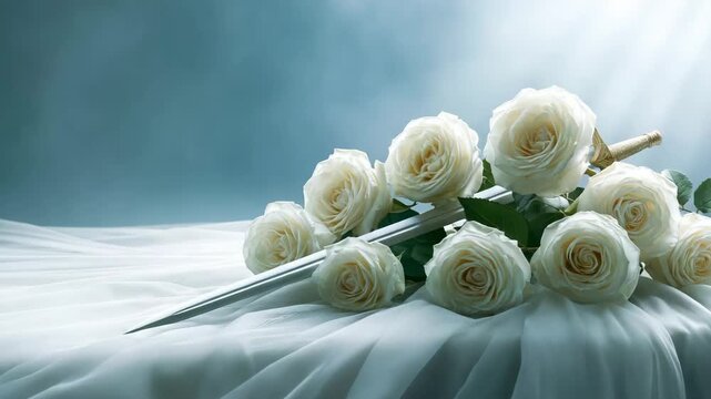 Radiant heart of white roses with soft golden flames