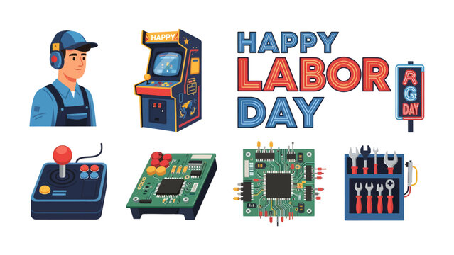 Labor Day Celebration: A vibrant illustration celebrating Labor Day, featuring a mechanic, arcade game, joystick, circuit boards, and a toolbox, embodying the spirit of hard work and leisure.