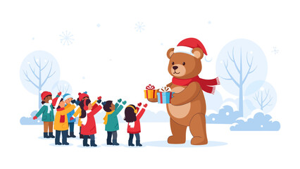 Fototapeta premium Christmas Bear Giving Gifts: A friendly bear wearing a Santa hat and scarf distributes presents to a group of children in a snowy winter scene, evoking the spirit of giving and holiday cheer.