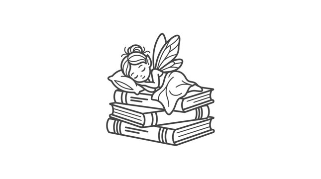 Cute fairy sleeping on stack of books line art