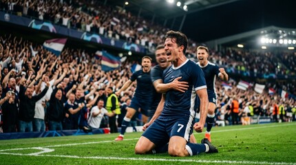 Naklejka premium Professional soccer player celebrating a winning goal on his knees in a packed stadium