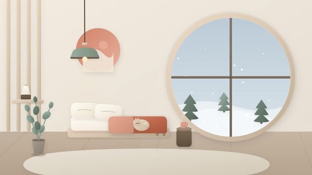Cozy minimalist living room with a sleeping cat during a winter snowfall