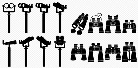 Collection of various binocular silhouettes, including observation binoculars on stands and handheld devices, in black and white. © Adji