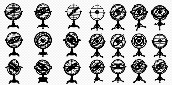 Set of armillary sphere icons, astronomical instrument used for celestial navigation and teaching astronomy, vintage vector illustration.