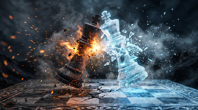 Fire and Ice Chess Pieces Clash on Cracked Chessboard Metaphor