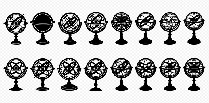 Set of armillary sphere silhouettes, ancient astronomical instrument vector illustration.