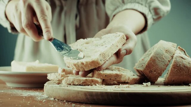 Spreading Creamy Butter On Slice Of Fresh Baked Bread. Preparing Healthy Breakfast. Homemade Organic Loaf 