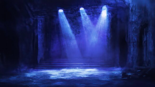 Mysterious dark blue lit cavern with stone steps and pillars.