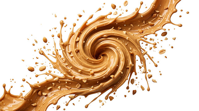 Close up swirl of creamy peanut butter texture with splatter fragments on white background