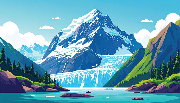 Snow covered mountain peak landscape view.