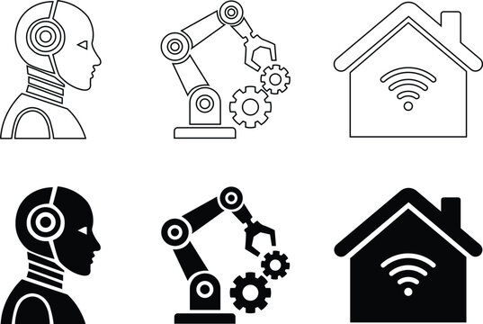 AI robotics and smart home automation icon set in flat and outline style