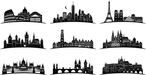 Fototapeta premium Global city skyline silhouette collection featuring famous world landmarks including Rome Paris New York and Prague architecture ilustration for travel and tourism concepts black vector.