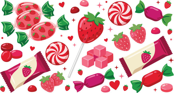 Cute strawberry candy sticker set with sweet lollipops chocolate bars hard candies isolated on white background vector