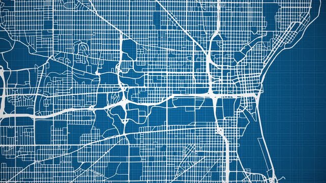 Ink reveal animation of Milwaukee city, Wisconsin (WI), United States of America, grid map. Aerial top view. Blueprint style. White lines with blue background. 4K Seamless loop.