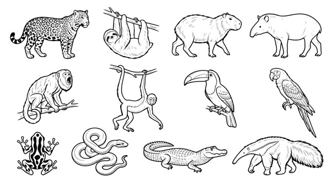 South American jungle animals vector set, black and white rainforest wildlife illustrations, 12 tropical fauna line art icons for coloring books
