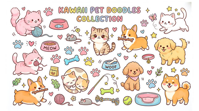 Kawaii pet doodles collection with cats and dogs isolated on transparent background