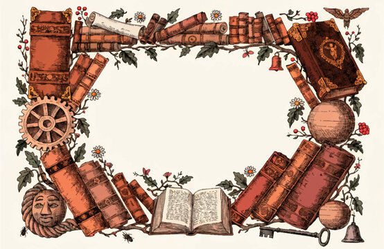 Antique book frame border with vintage library elements and scroll